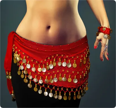 Produktbild von Belly Dance Bauchtanz Kostüm Hüfttuch inkl. ein paar Handketten Münzgürtel Fasching Karneval Tanzaufführung Gürtel in rot