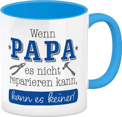 Produktbild von Papa Geschenk Kaffeebecher in hellblau mit Spruch Wenn Papa scheitert scheitert