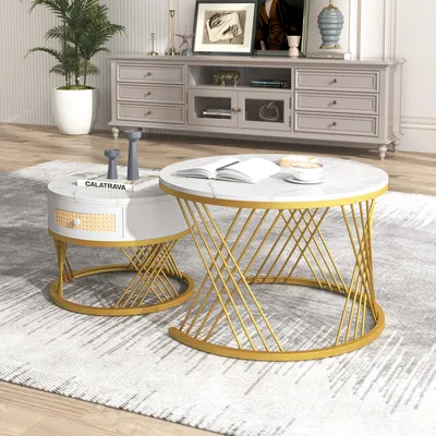 A living room scene with two coffee tables, a TV stand, and a plant.