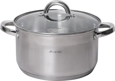 A stainless steel pot with a glass lid and handles, isolated on a white background.