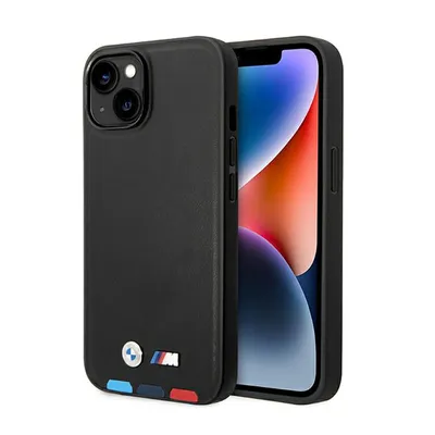 Image de Etui Bmw Bmhmp14M22Ptdk Iphone 14 Plus / 15 Plus 6.7 Noir/Noir Cuir Tampon Tricolore Magsafe