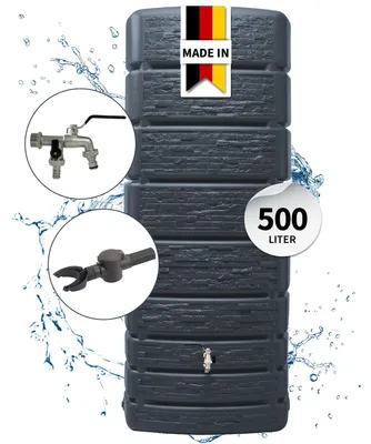 Produktbild von 4rain SLIM STONE DECOR Regentonne Wandtank Komplett-Set 500 Liter graphite grey inkl. Chrom-Doppelauslaufhahn und Fallrohranschluss