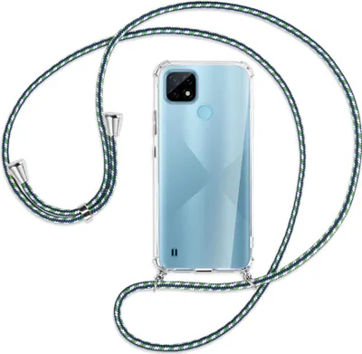 Produktbild von Handykette Backcover-Schutzhülle mit Band (Metall silberfarben) für Realme C21 (RMX3201) - grün/blau/weiß