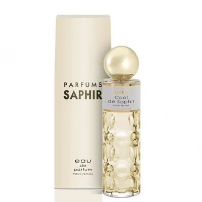 A bottle of Saphir Cool de Saphir Pour Femme Eau de Parfum and its packaging are displayed against a white background.