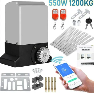 Immagine prodotto di Motorizzazione per cancello scorrevole da 550 W - per cancelli scorrevoli fino a 12 m e max. 1200 kg - Automazione per cancelli scorrevoli - grigio - con 2 chiavi e telecomando - per hotel, fabbriche, cancelli scorrevoli, cancelli da cantiere (con funzione app Bluetooth)