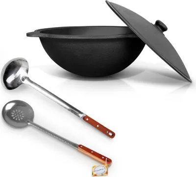 Produktbild von Set - Kasan aus Gusseisen, Aluminiumdeckel, runder Boden, Ø 42,5 cm, 12 l + Schaumlöffel 48 cm + Schöpfkelle 48 cm