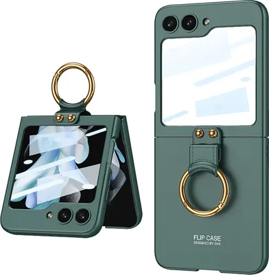 Produktbild von Hülle für Samsung Galaxy Z Flip 5 Schlank Hart PC Matt Schutzhülle mit Frontdisplay Film und Ringhalter Grün