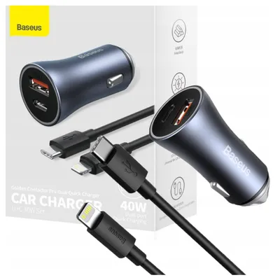 Image de Baseus Golden Contactor Pro Chargeur de voiture, Usb + Usb-C, Qc4.0+, Pd, Scp, 40W (Gris) + Câble Usb-C vers Ip 1M (Noir)