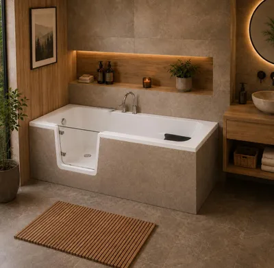 Produktbild von AQUA for you | Badewanne - VOVO – Seniorenbadewanne mit Tür – 150 x 75 x 58 cm - universell - Weiß - mit Tür, Sitz, Montagegestell, , Einbaubadewanne