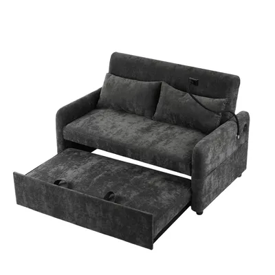 A dark gray sofa bed with its pull-out mattress extended, shown against a white background.