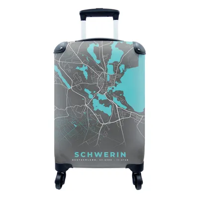 Produktbild von MuchoWow® Koffer Handgepäck Trolley Rollkoffer Kleine Reisekoffer mit 4 Rollen - Deutschland - Blau - Schwerin - Stadtplan - Karte - Cabin Size < 55x40x23 cm & 55x40x20 cm - Fotokoffer - Kabinenkoffer - Boardgepäck - Reise-Box - Reisekoffer - Reisegepäck - Koffer mit Bild - Trolley für Kinder