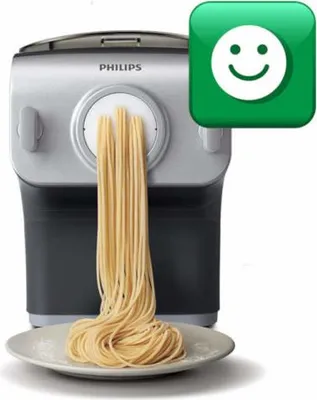 A pasta maker extruding spaghetti onto a plate, with a smiley face icon in the corner.