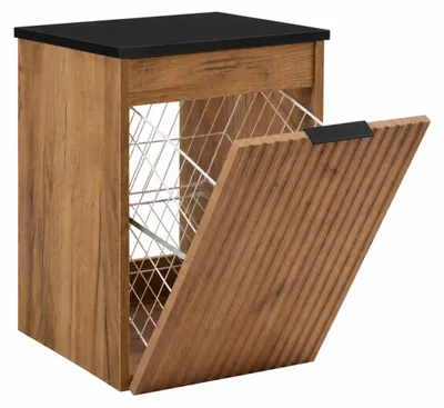 Produktbild von Hängender Badezimmerschrank mit Wäschekorb, Craft-Eiche / Platte Schwarz, Griff Schwarz, 40 x 46 x 58,6 cm