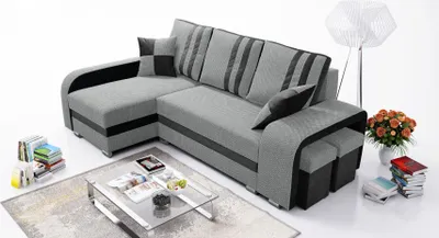 Produktbild von Robin York Ecksofa mit Schlaffunktion 2x Bettkasten 2x Kleine Kissen 2x Hocker Sofa L-Form Schlafsofa Freistehende Eckcouch Schlafcouch Wohnzimmermöbel Wohnlandschaft Schwarz Grau