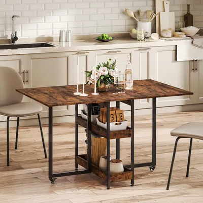 Produktbild von Küchentisch Industrial, Klapptisch Esstisch klappbar, 2 Klappseiten, Spanplatte, Rustikal-Braun | mit Rollen | bis 50 kg | 133 x 80 x 75 cm