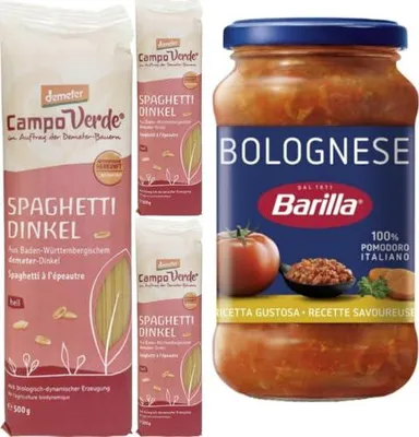 Produktbild von Mit Pufai Grocery, Campo Verde Demeter Spaghetti Dinkel 500 Gramm x 3er + Barilla Nudelsauce Bolognese Soße Pasta-Sauce 400 gramm