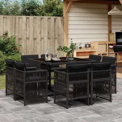Produktbild von Möbel 9-tlg. Garten-Essgruppe mit Kissen Schwarz Poly Rattan - Gartenmöbelgarnituren 3211015