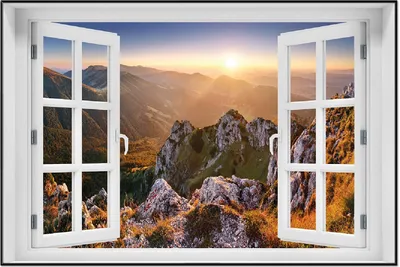 Produktbild von Wallario Wandbild mit Fenster-Illusion: Berglandschaft mit Sonnenuntergang in der Slowakei, Größe: 61 x 91,5 cm, Poster mit schwarzem Aluminiumrahmen