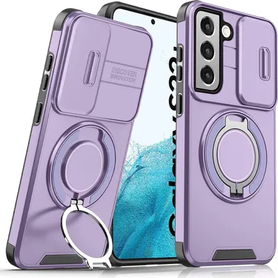 Obrázek produktu pro Dvouvrstvé pouzdro pro Samsung Galaxy S22 5G, s posuvným krytem fotoaparátu a magnetickým kroužkovým stojánkem Fialová