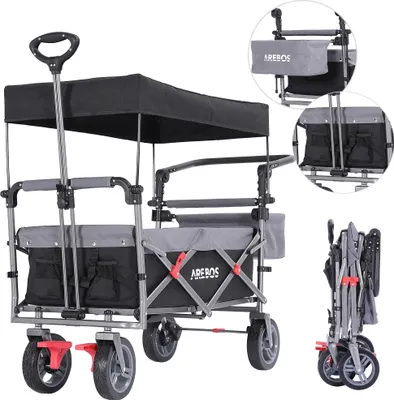 Produktbild von AREBOS Bollerwagen Premium faltbar mit Dach | Handwagen Transportwagen | bis 100 kg Tragkraft | Vorder-& Hinter-Bremse | Inkl.Tragetasche Schwarz-Grau
