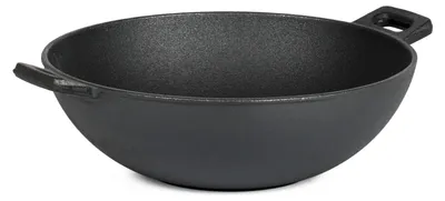 A black cast iron wok grill pan is shown from a slightly elevated side angle against a white background.