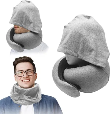 Produktbild von Nackenkissen Flugzeug, Memory Foam Reisekissen mit Kapuze, Hellgrau
