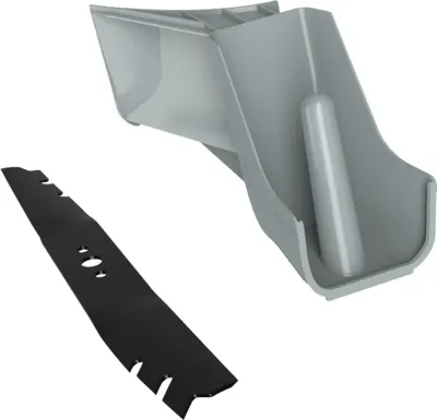 A gray plastic mulch kit and a black metal lawn mower blade are shown against a white background.