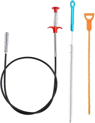 Zdjęcie produktu dla Zestaw do czyszczenia odpływów Unyqoos® (3 elementy) (155 mm) – spirala do czyszczenia rur ze stali nierdzewnej + plastikowa szczotka z czerwoną rączką oraz szczotka do czyszczenia zlewozmywaków, pryszniców i wanien