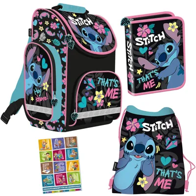 Produktbild von Schulranzen für Jungen und Mädchen, 4er-Set - Schul-Rucksack für Kinder mit Federmäppchen - Schuhbeutel und Hausaufgabenheft - Stitch Motiv