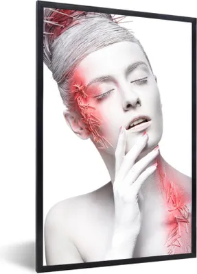 Produktbild von MuchoWow® Gerahmtes Poster Frau - Weiß - Rot - Kunst 60x90 cm - Poster mit Schwarzem Bilderrahmen Wandposter Rahmen Foto Bilder - Kunst