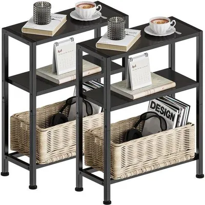 Produktbild von Unyqoos® 2er-Set schmale Beistelltische mit Stauraum, 3 Ablagen, 18×43×56,5 cm, Spanplatte & Stahlgestell, höhenverstellbare Kunststofffüße