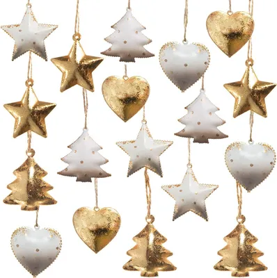 Produktbild von 18 vintage Weihnachtsanhänger aus Metall - Herz Baum Stern gold weiß