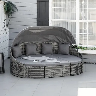 Produktbild von Polyrattan Liegeinsel 4-teilig Garten Lounge Set mit Sonnendach & Kissen Wetterfest Outdoor Sonneninsel Grau