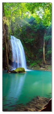 Produktbild von Wallario selbstklebende Türtapete 100 x 220 cm - Wasserfall im Wald am See  Idylle in Thailand - Abwischbar, rückstandsfrei zu entfernen