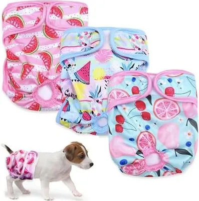 Produktbild von 3 Stück Wiederverwendbare Hundewindeln,Hochabsorbierend Höschen für weibliche Haustiere,Hygienische Waschbare Windel Hund,Windeln für Hündinnen bei Läufigkeit und Inkontinenz (m, Muster 2)