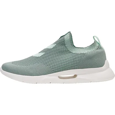 A side view of a single green sneaker on a white background.