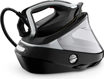 A studio shot of a black and silver steam iron station.