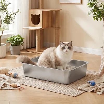 Produktbild von FEANDREA Katzenklo Edelstahl, Katzentoilette mit Schaufel, offen, für mittelgroße und große Katzen, 50 x 35 x 15 cm, silbern