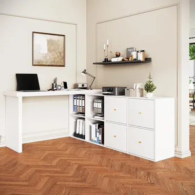Produktbild von Merax Eckschreibtisch, L-förmiger Schreibtisch, 360° drehbar, Computertisch mit 8 Fächer, 4 Schubladen, Bürotisch, Arbeitstisch, Weiß