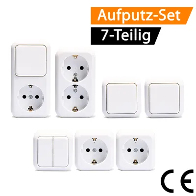 Produktbild von ORSEM SET 7-Teilig Kombi Aufputz Steckdosen & Schalter Serie AP 230V IP20 Innen Schalterprogramm Steckdose mit Schalter Wechselschalter Weiß