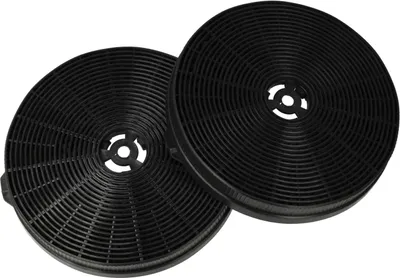 Two black circular activated carbon filters for a kitchen range hood, presented against a white background.