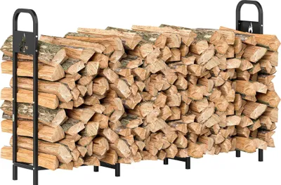 Produktbild von Kaminholzregal & Brennholzständer - Outdoor Stahlregal - 200×30×120 cm - Verstärkte Beine - Ausgeschnittenes Lagerfeuer-Design - Tragkraft 300 kg - Garten - Schokobraun