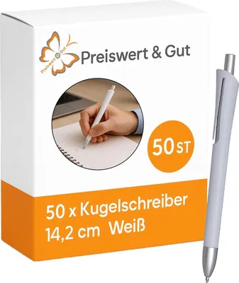 Produktbild von Kugelschreiber Weiß – Schreibstifte aus Kunststoff – für Büro & Schule 50 Stück
