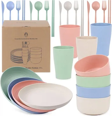 Produktbild von Camping Geschirr Set 4 Personen Geschirrsets aus Kunststoff Camping Geschirr Set Picknickgeschirr, Plastikgeschirr mit Tellerset (Set 4 Personen)