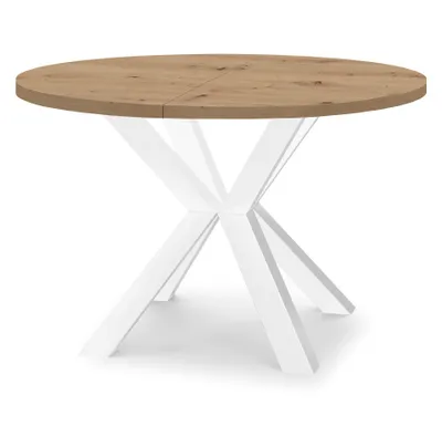 Image de Table ronde à rallonges pour salle à manger RAL avec pieds en bois, style loft, industriel, diamètre : 100 / 200 cm, couleur : chêne Artisan / blanc