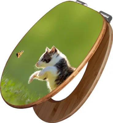 Produktbild von banjado Design WC Sitz Bambus Absenkautomatik -Jagende Katze - Toilettendeckel mit Absenkautomatik Holz/hochwertiger Bambus Klodeckel/WC-Sitz für alle gängigen Toiletten [TDB2 10729]
