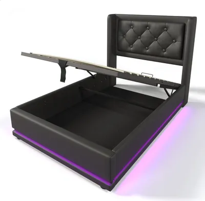 Produktbild von Flieks Polsterbett 90x200cm mit USB & Typ-C, Einzelbett Jugendbett mit LED, Hydraulisches Stauraumbett Boxspringbett mit Lattenrost, PU, Schwarz
