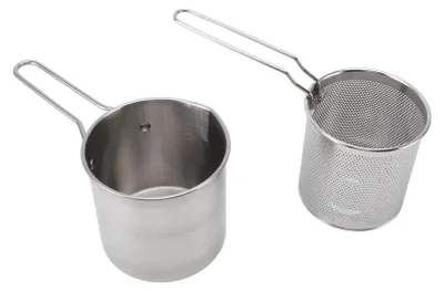 A stainless steel pot and a stainless steel strainer basket with handles are displayed against a white background.