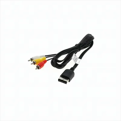 A black AV cable with red, yellow, and white RCA connectors on one end and a proprietary connector on the other, laid out on a white background.