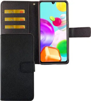 A black flip case for a Samsung Galaxy A41 phone is shown open, with the phone inserted and displaying a colorful wallpaper. The case has card slots on the inside flap.